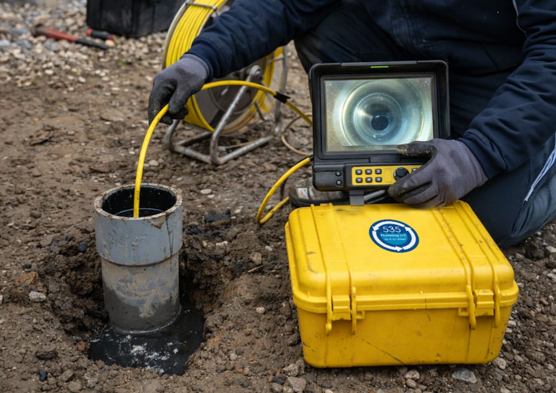 Plumber feeding a sewer inspection camera into an exterior clean-out.