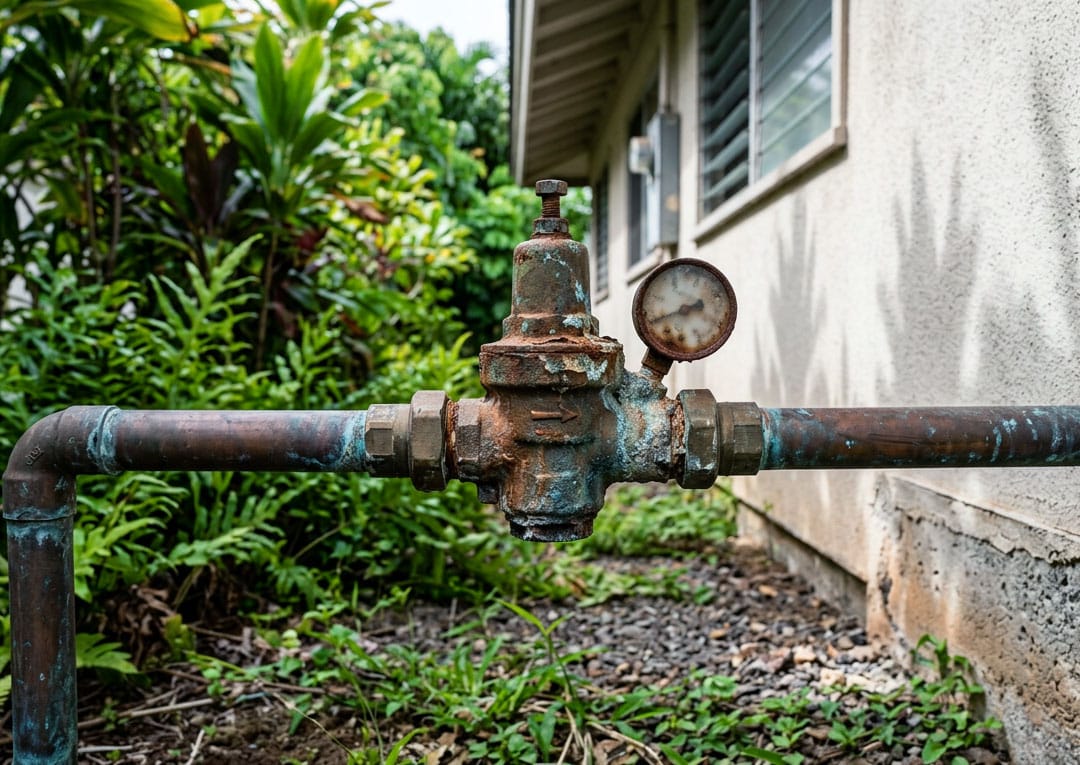 A corroded pressure reducing valve on the main water line of an Oahu home